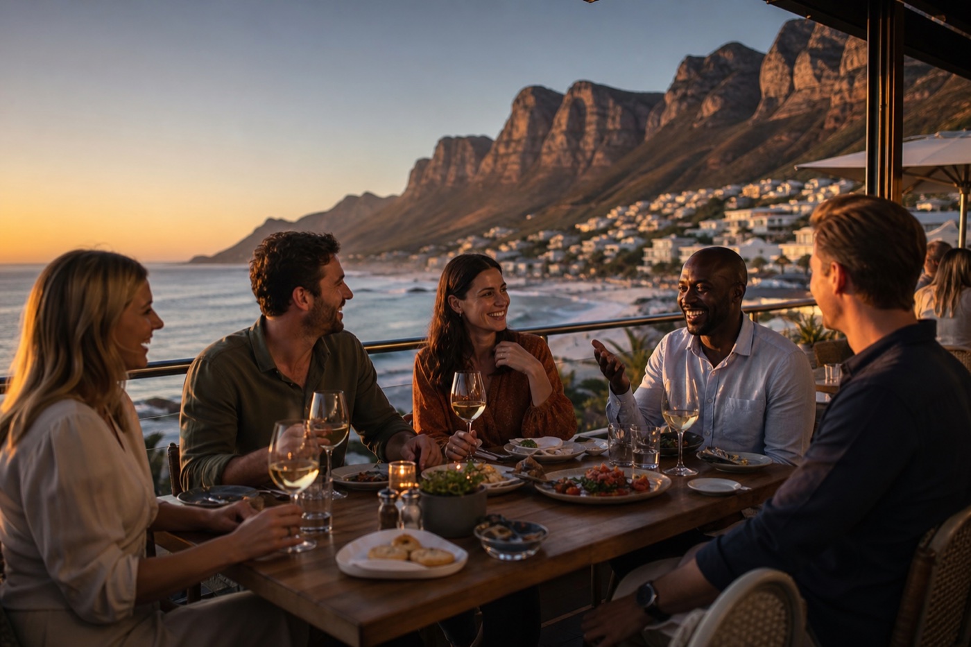 Первый ужин и знакомство группы на закате в Camps Bay